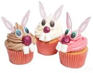 Dekorationset für 6 Osterhasen-Cupcakes / Set to decorate 6 Easter Bunny cupcakes, including 6 chocolate noses, 6 pairs of eyes and 6 pairs of ears.