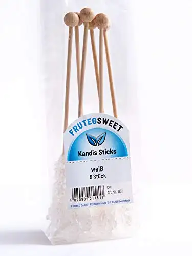 FRUTEG Kandiszucker-Sticks weiß I 6 Kandis-Stäbchen im Folien-Beutel I leckerer Kaffee- & Tee-Zucker am Stiel I Kandiszucker weiß am Stab - nicht nur für Ostfriesen-Tee I Rock Candy Sticks 6 St.