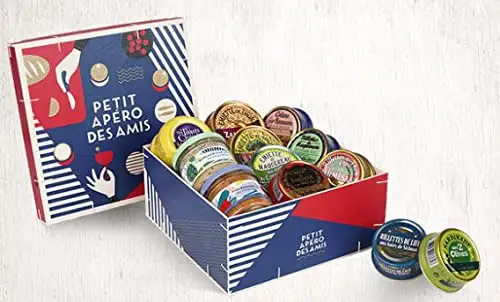 La Belle-Iloise Geschenkbox, Fischbox „Petit Apéro des Amis', 12 Fischspezialitäten in Holzbox aus der Bretagne