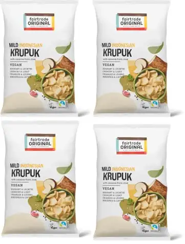 Fairtrade Original Krupuk Krabbenchips vegan | 100% natürliche Krabben Chips aus Maniokmehl | Original Krupuk Chips vegetarisch aus Indonesien | vegane Krabben Chips fertig aus Java