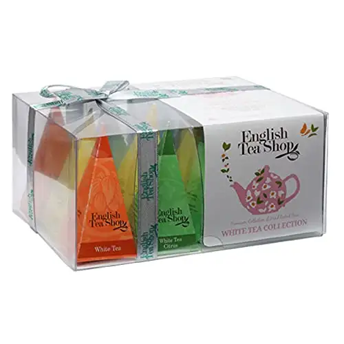 Teegeschenk "Weißer Tee Kollektion" mit Schleife, 12 Pyramiden-Beutel 4 verschiedenen Geschmacksrichtungen