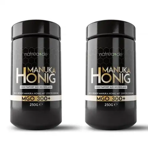 Natrea Manuka Honig im lichtundurchlässigen Violettglas Doppelpack ( 2 x 250g ) | MGO 300+ ✔ Direktimport aus Neuseeland ✔ zertifizierter MGO-Gehalt ✔