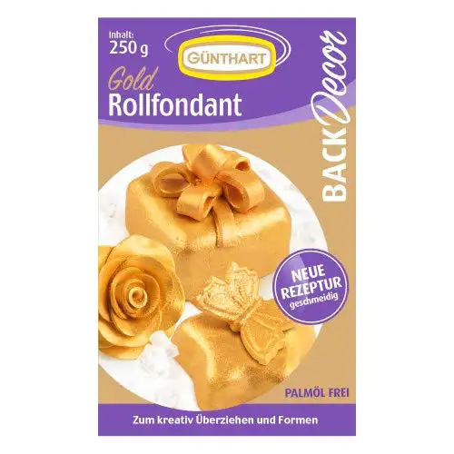 Günthart BackDecor Fondant 250g | Fondant GOLD mit Goldpuder als Icing Tortendecke | Modelliermasse | OHNE Palmöl