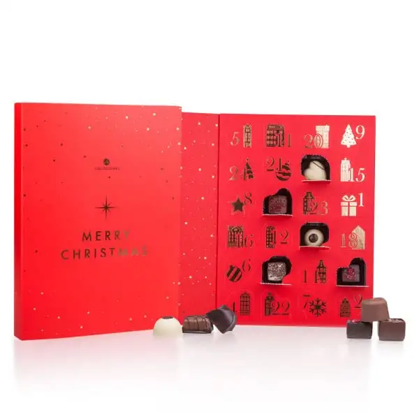 Adventskalender - rot - ohne Alkohol - Adventskalender mit 24 belgischen Pralinen | Schokolade | Weihnachten | Adventszeit | Mann | Frau | Junge | Mädchen | Advent | Weihnachtsschokolade