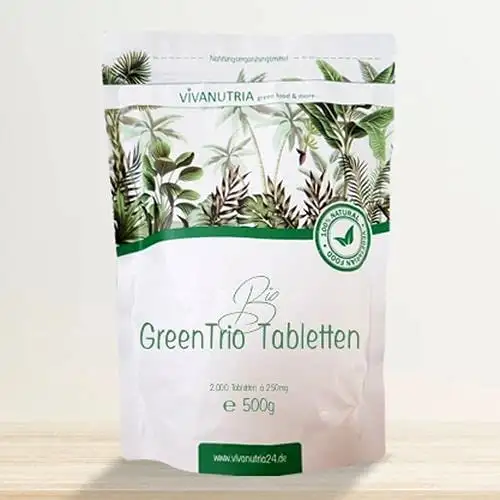 VivaNutria Bio Green Trio Presslinge 500g | aus kontrolliert biologischem Anbau I 2000 Tabletten aus Spirulina Chlorella & Gerstengras ohne Zusätze I schonend verarbeitet und Rohkostqualität I vegan