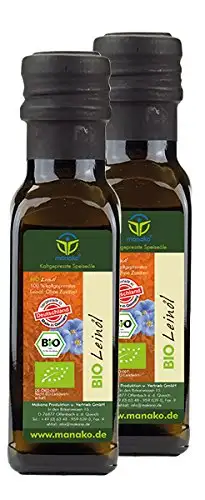 manako BIO Leinöl human, kaltgepresst, 100% rein, 2 x 100 ml Glasflasche (2 x 0,1 l)