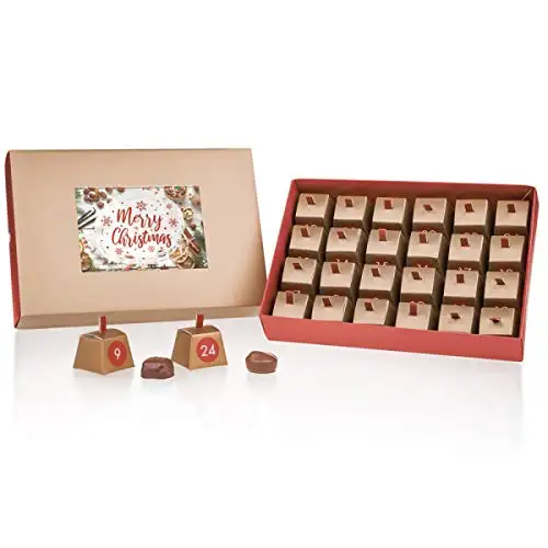 Adventskalender Deluxe Postcard - Pralinen - vierundzwanzig in einzelnen Täschchen verpackte handgemachte alkoholfreie Pralinen - Schokolade - Weihnachten - Geschenk