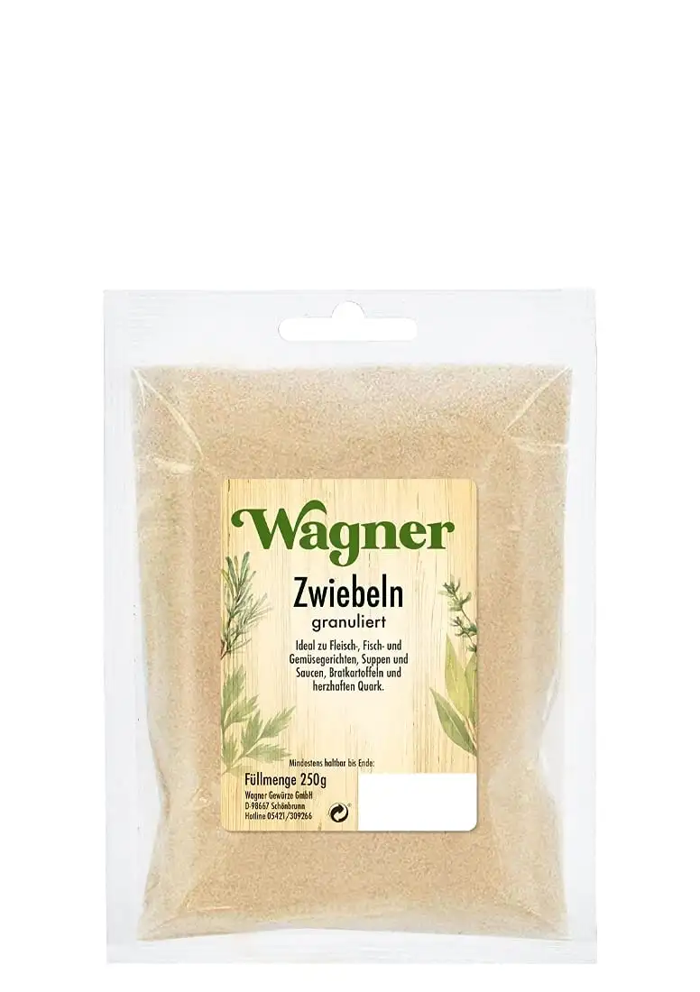 Wagner Gewürze Zwiebeln granuliert 1er Pack Zwiebelpulver für Fleisch, Fisch, Gemüse & vieles mehr, Zwiebel-Granulat getrocknet, & granuliert, Menge: 1 x 250 g