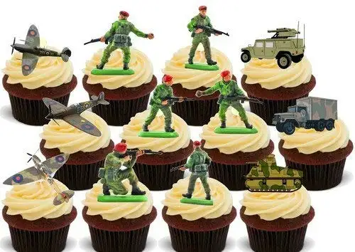 Armee Soldaten 12-12 essbare hochwertige stehende Waffeln Karte Kuchen Toppers Dekorationen, army soldiers 12-12 Edible Stand Up Premium Wafer Card Cake Toppers Decorations