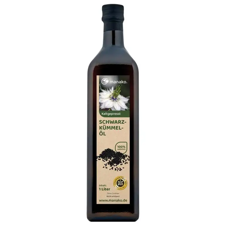 manako Schwarzkümmelöl human, kaltgepresst, 100% rein, 1000 ml Glasflasche (1 x 1 l)