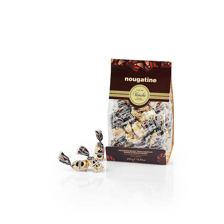 Venchi - Nougatine Geschenkbeutel - Pralinen mit Piemont-Haselnuss umhüllt von reiner Zartbitterschokolade, 250 g - Glutenfrei