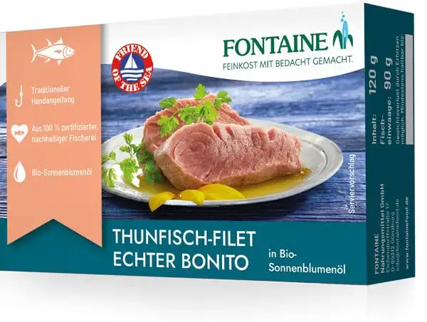 Fontaine - Thunfisch Echter Bonito in Bio-Sonnenblumenöl – 120 g – 5er Pack - Premium Thunfischfilets aus 100% zertifizierter, nachhaltiger Fischerei und kontrolliertem Anbau