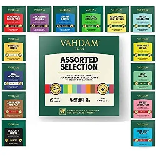 VAHDAM, Beste Tee-Sortimente | 15 teebeutel für losen tee | Sampler Sortimente Geschenkverpackung | Best of Schwarzer Tee, Grüner Tee, Oolong Tee, Kräutertee & Chai Tees | Master Blenders Wahl