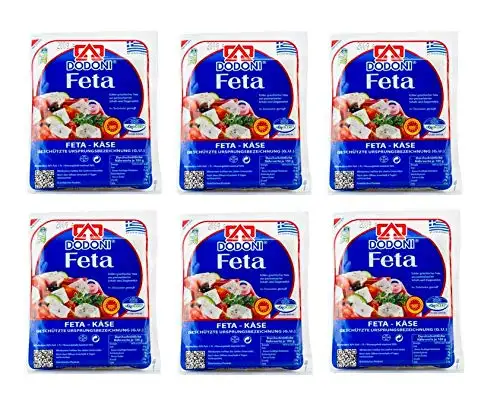 6x 200g griechischer FETA Dodoni 1,2kg Abtropfgewicht Fetakäse Schafskäse Käse aus Schafs- und Ziegenmilch in Lake - Original aus Griechenland - 6x Vakuum Set + 10ml Olivenölsachet zum testen