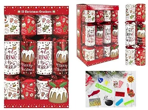 Christmas Cracker Family 12 Pack - Red & White - Christmas Pudding - Eat, Drink and be Merry