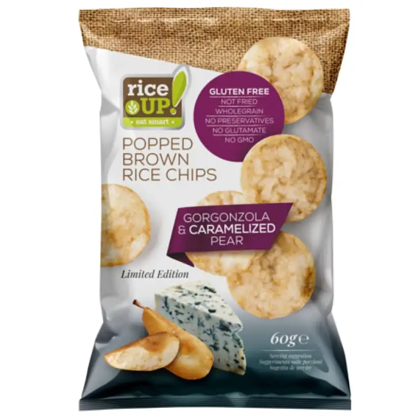 RiceUp Brown Rice Chips Gorgonzola & Karamellisierte Birne -Glutenfrei- 18er Pack (18x60g)