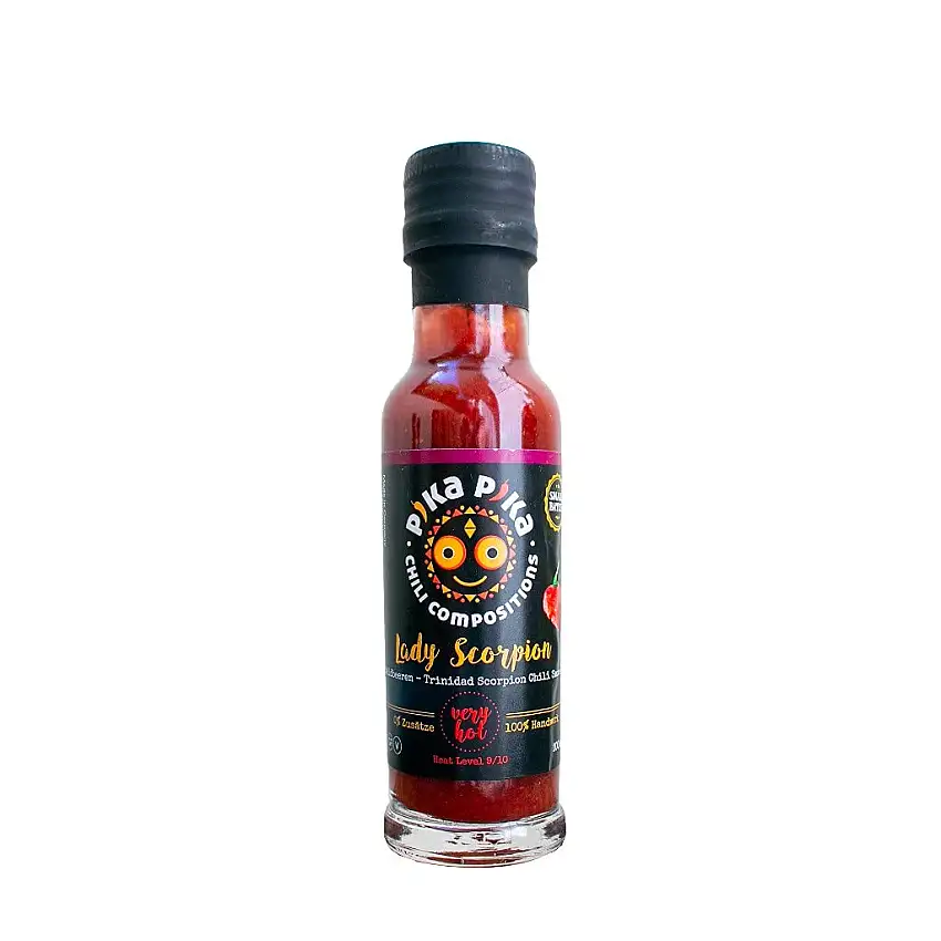 Lady Scorpion Chili Sauce / "She kills you slowly" / Waldbeeren mit Trinidad Scorpion Chili / 100 ml. / Schärfegrad: 9 von 10 / Slow Food Chilisaucen Manufaktur