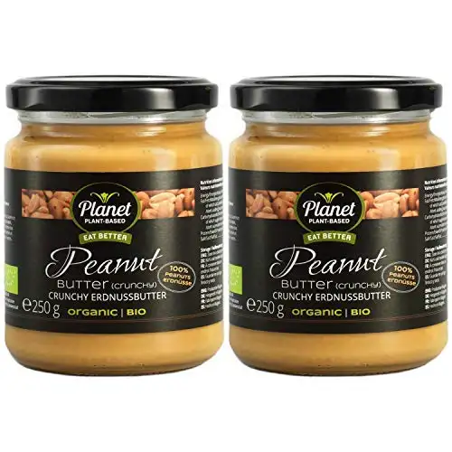 Planet Plant-Based Bio Erdnussbutter Crunchy 2er Pack (2x250g) Aus 100% Bio-Erdnüssen, Ohne Zusatzstoffe, Vegan, Glutenfrei, Ohne Zusatz Von Zucker - Extra Cremig mit Erdnuss stückchen