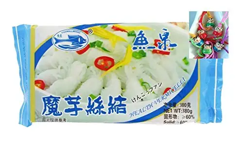 20er Pack FISH WELL [20x 380g/190g ATG] Konjak Nudeln Shirataki #1 "Knoten" + ein kleines Glückspüppchen - Holzpüppchen