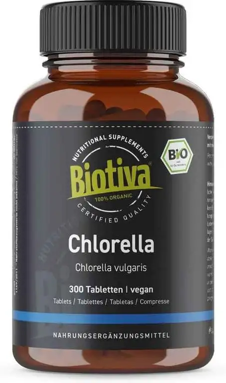 Chlorella Tabletten Bio hochdosiert - 300 Stück - 500mg Presslinge - 100% Rein, Vegane - Algen - OHNE Magnesiumstearat - Abgefüllt und kontrolliert in Deutschland (DE-ÖKO-005)