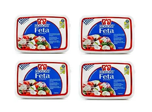 4x 400g griechischer FETA Dodoni 1,6kg Abtropfgewicht Fetakäse Schafskäse Käse aus Schafs- und Ziegenmilch in Lake - Original aus Griechenland - 4 Boxen Set + 10ml Olivenölsachet zum testen