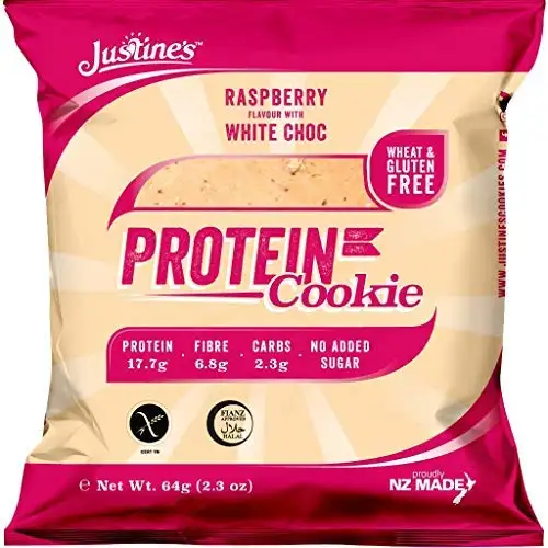 Justine's low carb Himbeer-Cookie mit weißer Schokolade | Kohlenhydratarm 17,4g pro 64g (Portionsgröße) | Proteinreich | Ohne Zuckerzusatz | Glutenfrei| Ohne Weizen | 8 x 64g