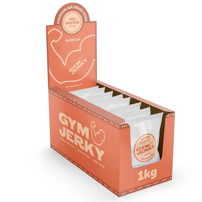 Gym Jerky Pork Barbecue | 1kg (25x40g) | 42% Protein, nur 3,3% Fett| Deutsches Premium Trockenfleisch