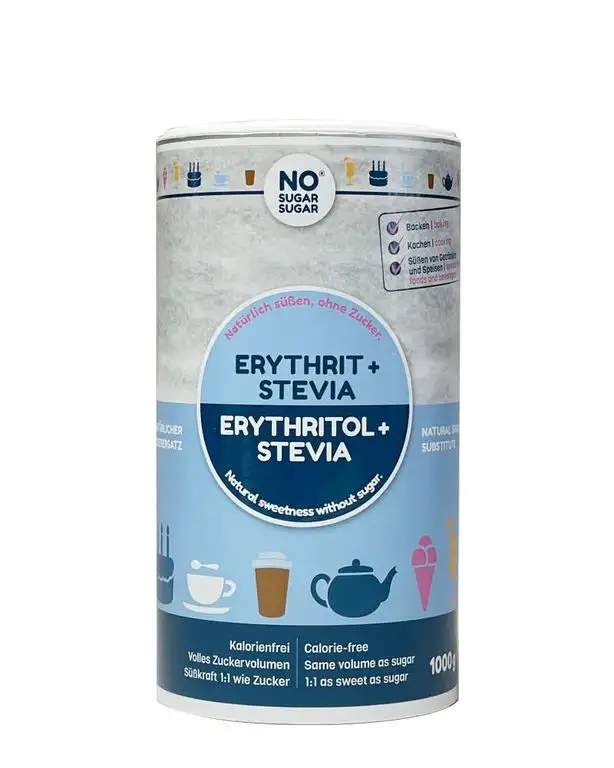 NO SUGAR SUGAR Erythrit + Stevia natürlicher Zuckerersatz ohne Kalorien 1:1 Süße gegenüber Zucker, ohne Eigengeschmack, gesunde Alternative zum Kochen, Backen, Süßen (1 kg wiederverschließbare Dose)