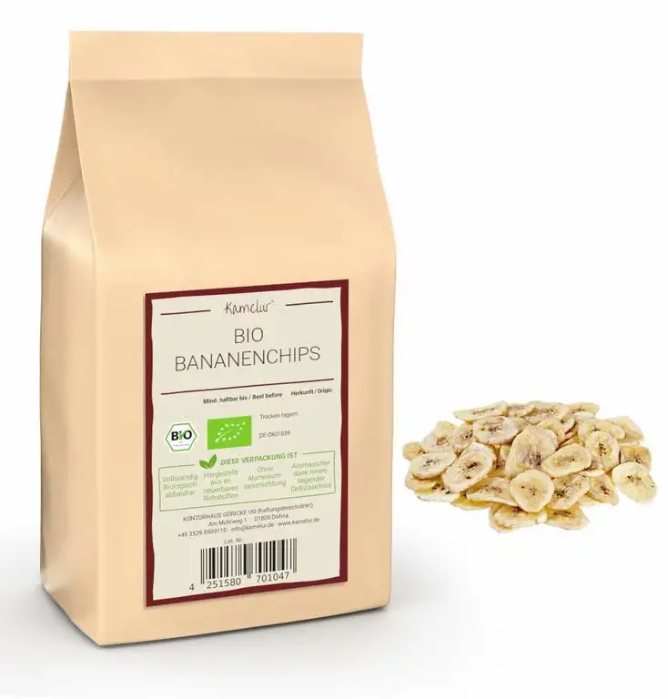 1kg BIO Bananenchips - knusprige Trockenfrüchte aus sonnengereiften Bananen - getrocknete Bananen Chips mit BIO Rohrzucker leicht gesüßt