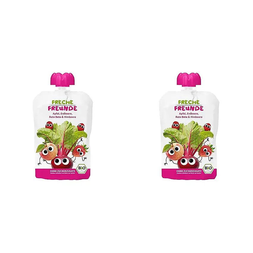 FRECHE FREUNDE Bio Quetschie Apfel, Rote Bete, Erdbeere & Himbeere, Fruchtmus im Quetschbeutel für Babys ab 1. Jahr, glutenfrei und vegan, 12er Pack (6 x 100 g)