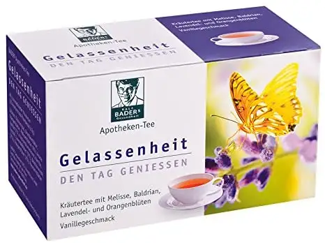 BADERs Apotheken-Tee Gelassenheit. Kräutertee mit Lavendel, Baldrian und Melisse. Den Tag genießen, in der Nacht gut schlafen. 20 Filterbeutel. PZN 09738486