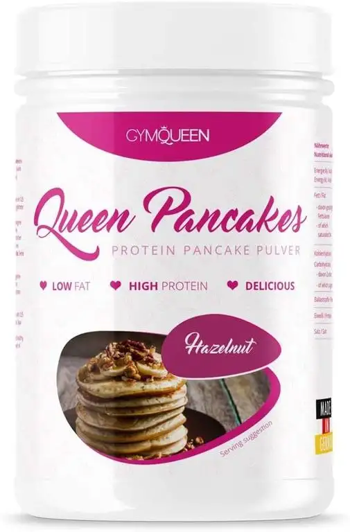 GymQueen Protein Pancakes 500g | Backmischung für leckere Protein Pfannkuchen und Waffeln | Zuckerarm & wenig Fett | Pancake Mix mit 55% Eiweiß | einfach und schnell zubereitet | Haselnuss