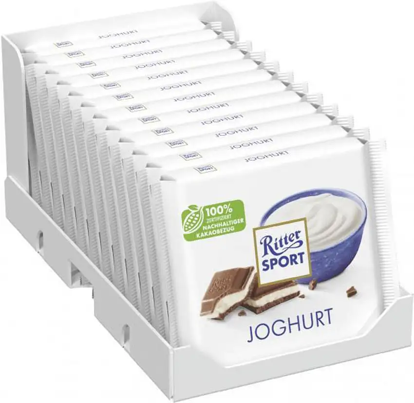 Ritter Sport Joghurt (12 x 100 g), Vollmilch-Schokolade mit Joghurt gefüllt, erfrischende Magermilch-Joghurt-Creme, Tafelschokolade im Knickpack