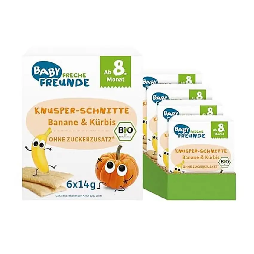 FRECHE FREUNDE Bio-Getreideschnitten mit Bananenpulver und Kürbispulver, Knusper-schnitte Banane und Kürbis, vegan, ohne Zuckerzusatz, 12er Pack (12x84g)