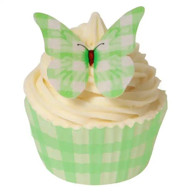 12 Gingham Design Schmetterlinge: Grün / 12 Vintage Green Gingham Edible Butterflies