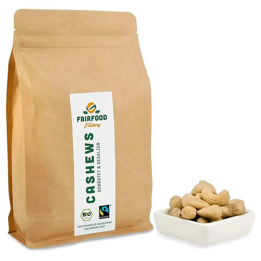 Bio Fairtrade Cashewkerne Geröstet & Gesalzen (500g) | Geröstet in Freiburger Manufaktur | Fair gehandelte Cashews aus Burkina Faso