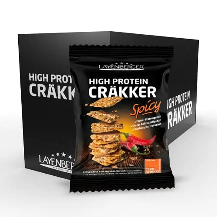 Layenberger High Protein CRÄKKER Spicy, würzig knuspriger Snack mit viel Eiweiß und wenig Kohelnhydraten, (8 x 75g)