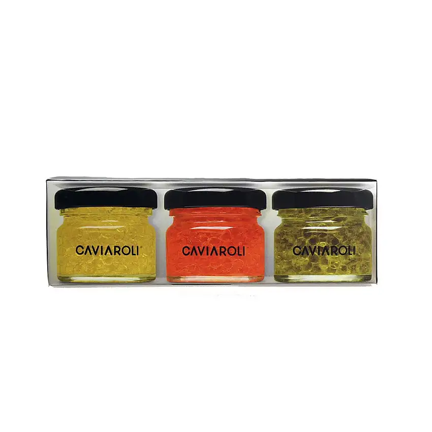 Caviaroli - Perlen aus Nativen Olivenöl Virgen Extra - Gourmet Olive Oil in Caviar Form für Dressing oder Garnierung - Set mit 3 Geschmacksrichtungen Virgen Extra, Chili & Basilikum - 3x20 g