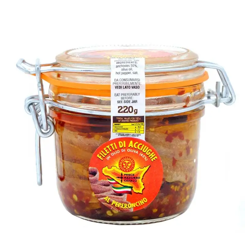 Sardellenfilets in Olivenöl mit Peperoncino im luftdichten Glas 220 gr