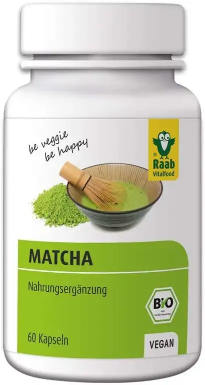 Raab Vitalfood Bio Matcha-Kapseln, 60 Stück, Grüntee-Extrakt aus Japan, Premium Qualität, laborgeprüft, vegan, glutenfrei, grüner Tee, 1 Monat