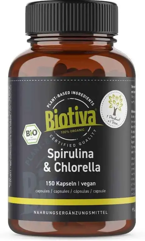 Spirulina Chlorella Algen Bio Kapseln - 1800mg Höchste Tagesdosis - 150 Kapseln a 600 mg - vegan - OHNE Magnesiumstearat - Abgefüllt und Kontrolliert in Deutschland (DE-ÖKO-005)