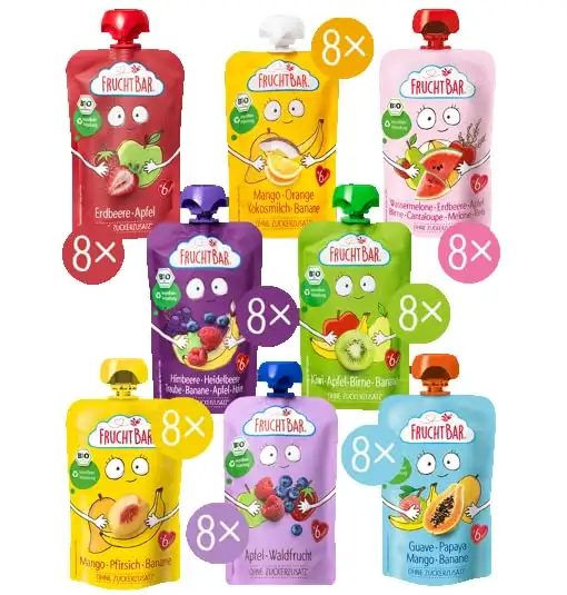 FruchtBar Bio Quetschie Sommer Set groß, acht Fruchtpüree-Sorten im Quetschbeutel für Babys ab 6 Monaten & Kinder, 64x 100g