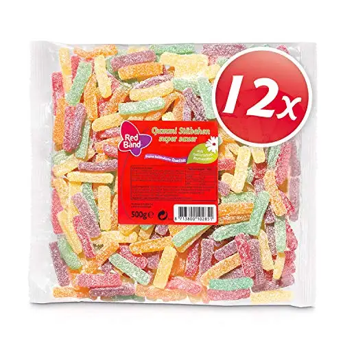 Red Band Gummi Stäbchen - Großpackungen: 12er Pack (500 g Beutel) - Super Sauer - Extrasaure Gezuckerte Fruchtgummi-Stäbchen - 5-fach Sortiert - Holländische Qualität - Süßigkeiten