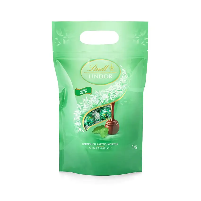 Lindt LINDOR, Minze Milch Schokolade Kugeln Beutel, 1kg Beutel wiederverschließbar, ca. 80 Kugeln, Großpackung, Pralinen-Geschenk, Schokoladengeschenk