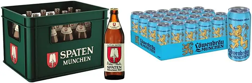SPATEN Münchner Hell Flaschenbier, MEHRWEG im Kasten, Helles Bier aus München (20 x 0.5 l) & Löwenbräu Original Helles Dose (24 x 0.5 l)