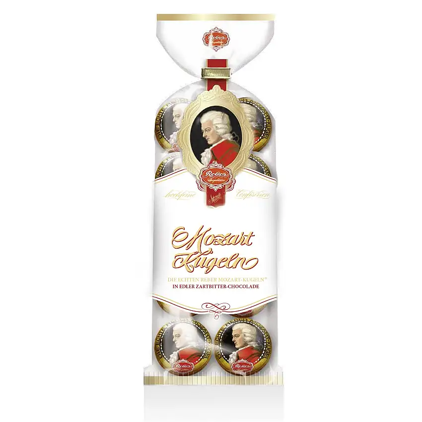 Reber Mozart-Kugeln – 8er Confiserie-Tüte – Echte Reber Mozart-Kugeln aus Zartbitter-Schokolade, Marzipan und Nougat