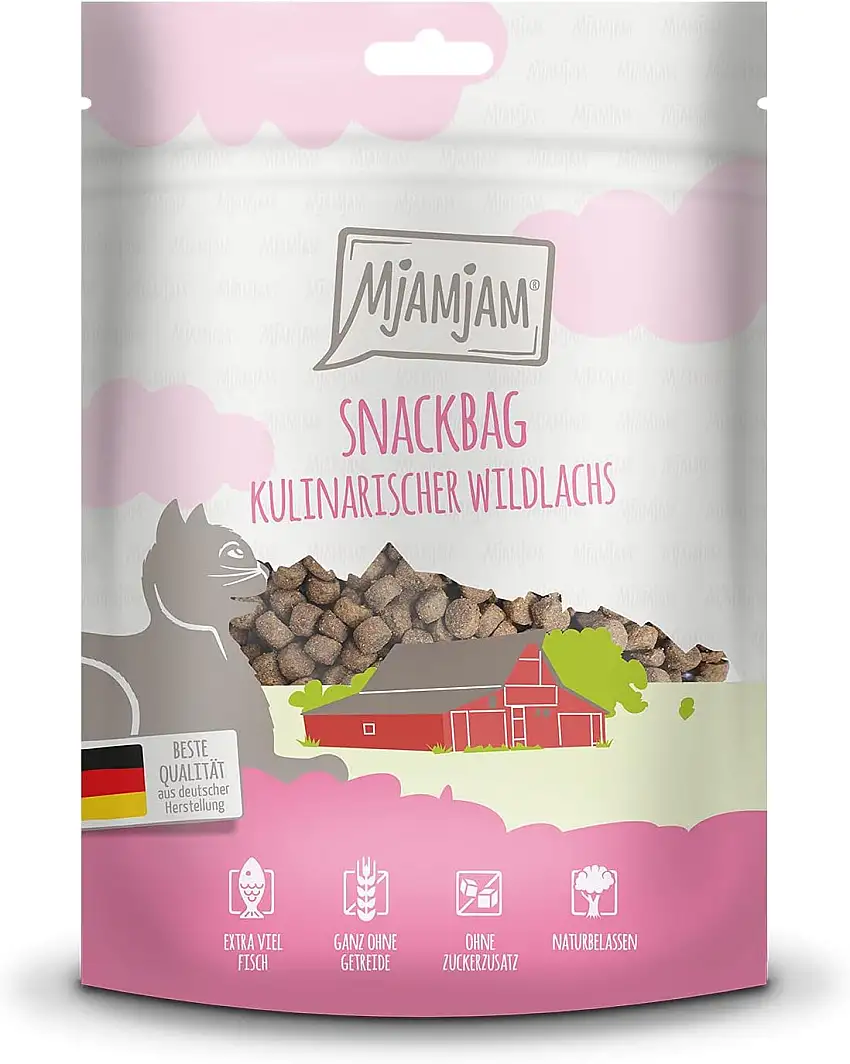 MjAMjAM - Premium Katzensnack - Snackbag - kulinarischer Wildlachs, 1er Pack (1 x 125 g), naturbelassen ganz ohne synthetische Konservierungsstoffe