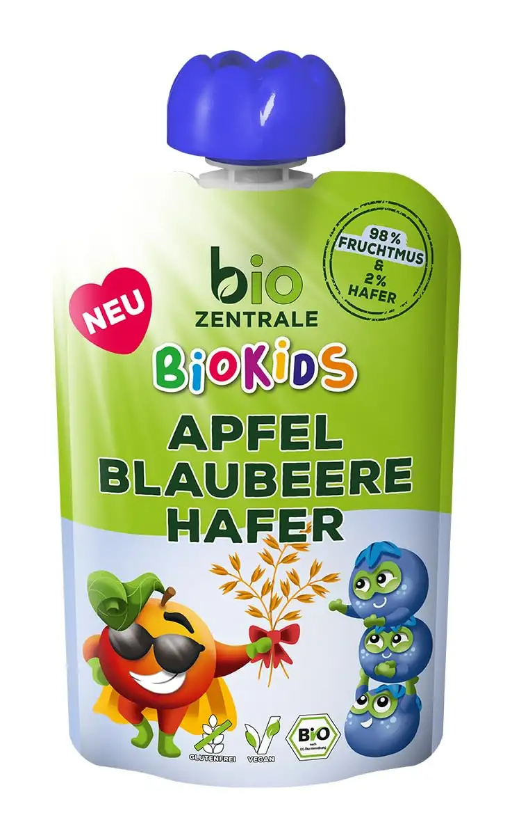 biozentrale BioKids Fruchtmus Apfel Blaubeer Hafer | 12 x 90g | Veganer Frucht-Hafer-Snack | Ohne Kristallzuckerzusatz