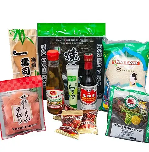 Sushi Starter Set 9 teilig + Gratis Reislöffel Pamai Pai® Wasabi Nori Gari Ingwer Sojasoße