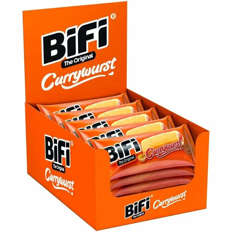 BiFi Currywurst – 20er Pack (20 x 50 g) – Herzhafter Salami Fleischsnack mit Currysauce – Gewürzte Wurst im Weizenbrötchen als Snack to go